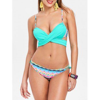 

Bohemian Tribal Print Bikini Swimsuit Ethnic Cheeky Wrap Swimwear Set, Lake blue