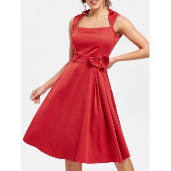 

Summer Vintage Turn-Down Collar Sleeveless Bowknot Embellished Rockabilly Style Midi Dress, Red