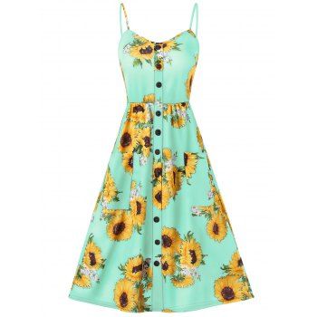 

Vacation Sundress Sunflower Print Button Up Summer A Line Cami Dress, Algae green