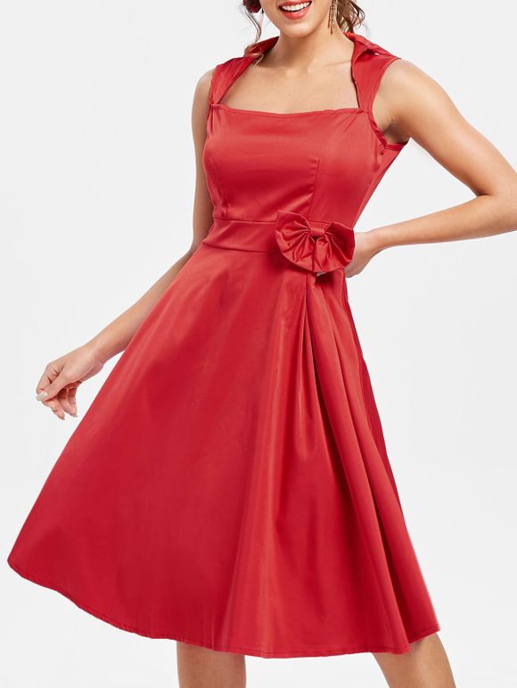 Summer Vintage Turn-Down Collar Sleeveless Bowknot Embellished Rockabilly Style Midi Dress - RED M