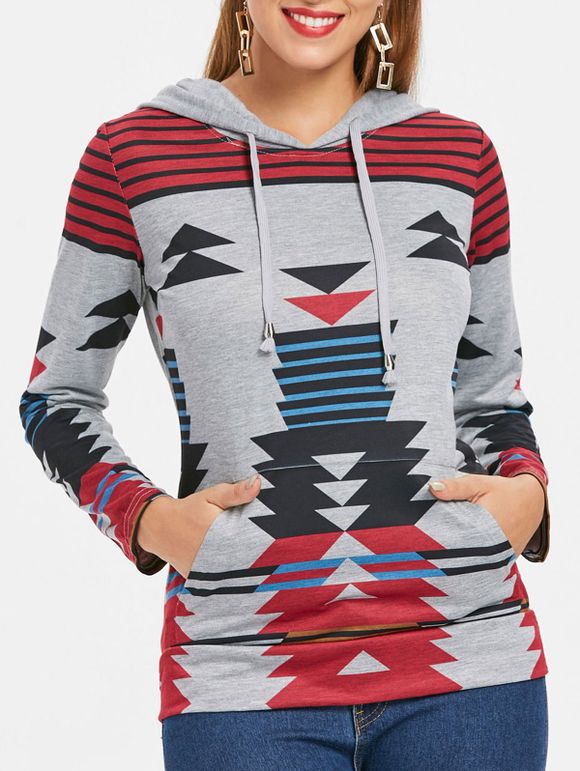 Sweat-shirt à Capuche Décontracté à Manches Longues Motif Géométrique pour Femmes - Gris XL