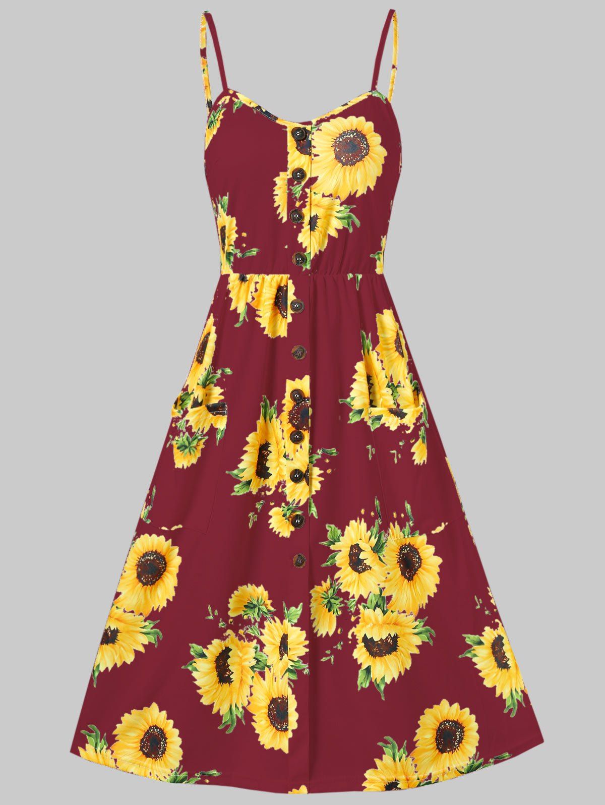 

Sunflower Print Button Up A Line Cami Dress, Red wine