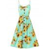Robe d'Eté Ligne A de Vacance à Imprimé Tournesol Boutonnée à Bretelle - Vert Algues M