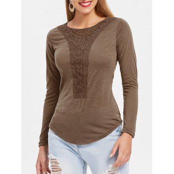 

Concise Scoop Neck Hollow Out Crochet Spliced Solid Color T-Shirt For Women, Coffee