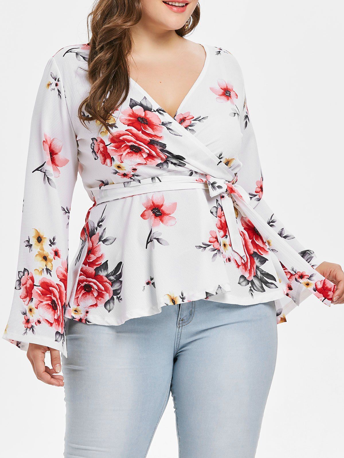 [41% OFF] 2020 Plus Size Plunging Neck Print Blouse In WHITE | DressLily