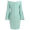 Off Shoulder Flare Sleeve Scallop Trim Mini Bodycon Dress - BLUE GREEN M