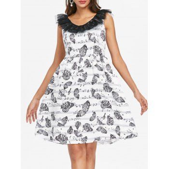 

Music Note Butterfly Print Vintage Dress, White