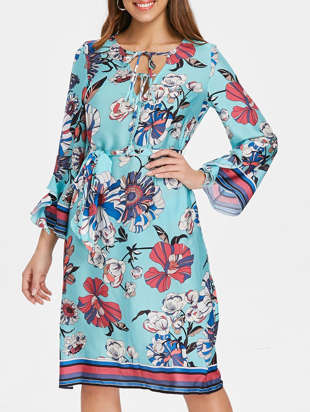 Self Tie Floral Print Dress - LIGHT SKY BLUE XL