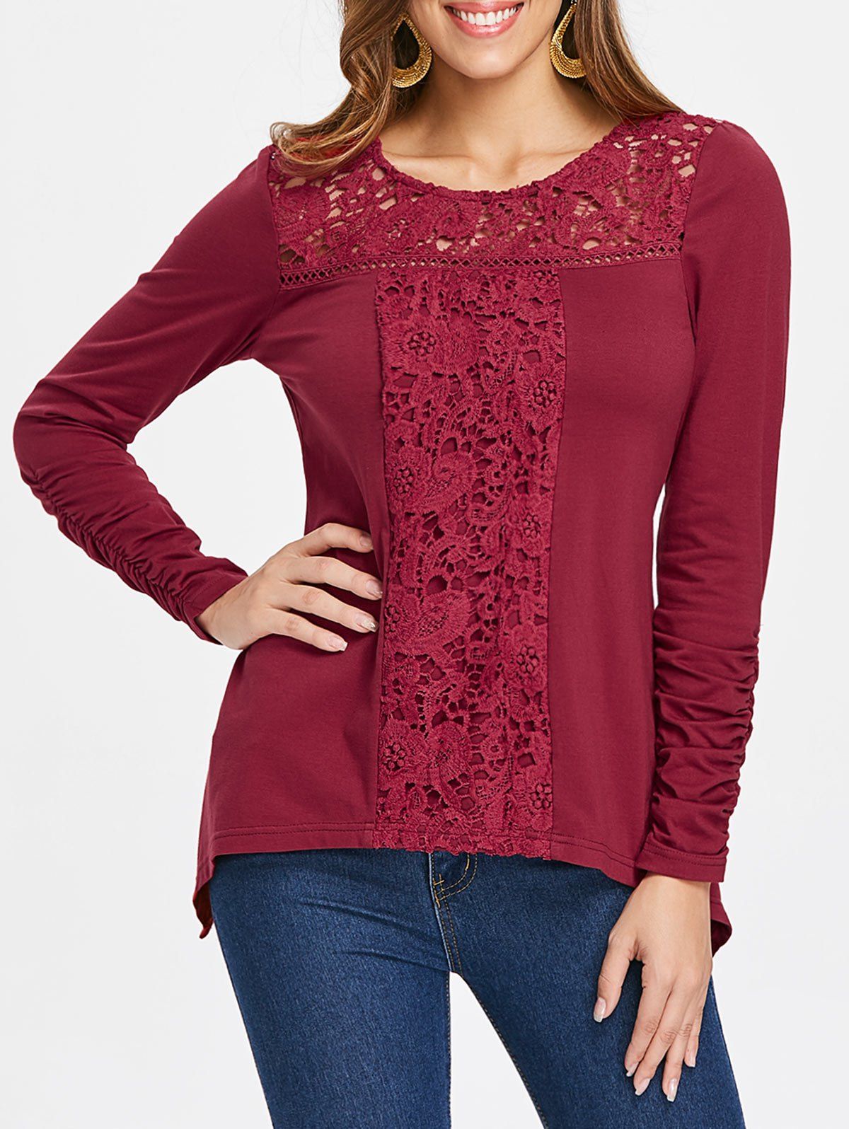 Lace Applique Asymmetrical T-shirt - RED WINE S