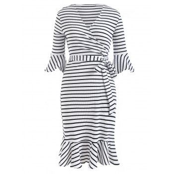 

Ribbed Wrap Bodice Plunging Flounce Striped Knee Length A Line Dress, Milk white