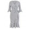 Ribbed Wrap Bodice Plunging Flounce Striped Knee Length A Line Dress - MILK WHITE L