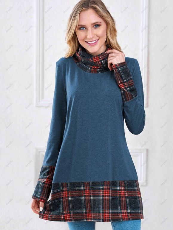 Sweat-Shirt à Manches Longues avec Empiècements à Carreaux - Bleu M
