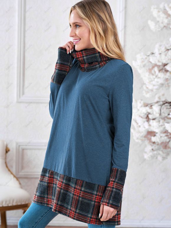 Sweat-Shirt à Manches Longues avec Empiècements à Carreaux - Bleu M