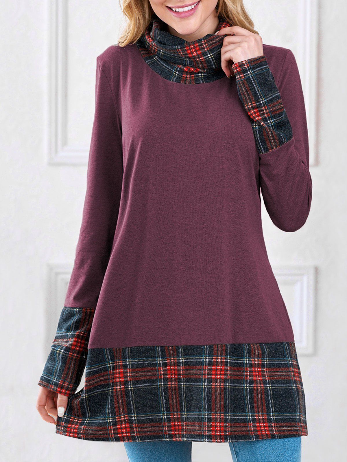 Long Sleeve Plaid Insert Sweatshirt - PURPLE XL