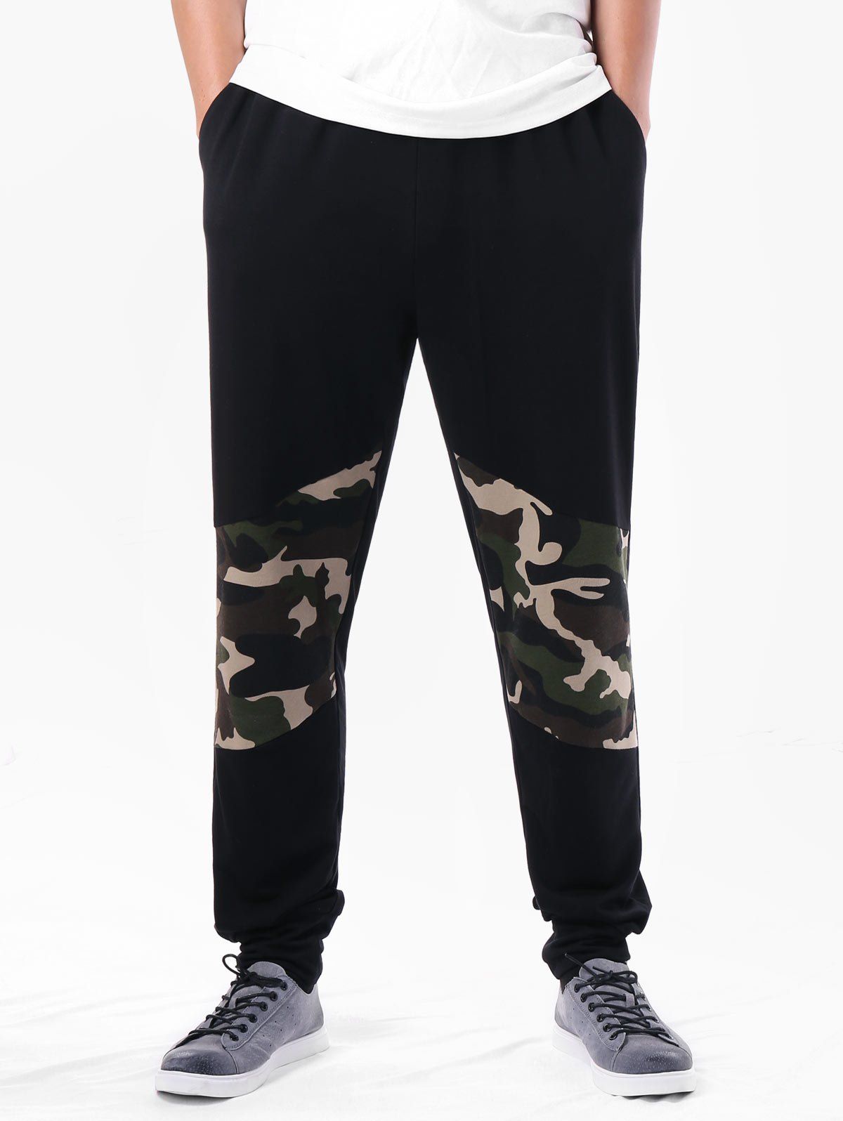 Pantalon Décontracté Patchwork Camouflage Taille à Cordon - Noir XL