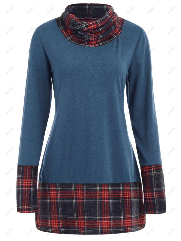 Sweat-Shirt à Manches Longues avec Empiècements à Carreaux - Bleu M