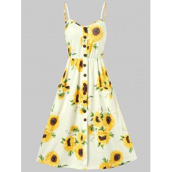 

Vacation Sundress Sunflower Print Button Up Summer A Line Cami Dress, Yellow