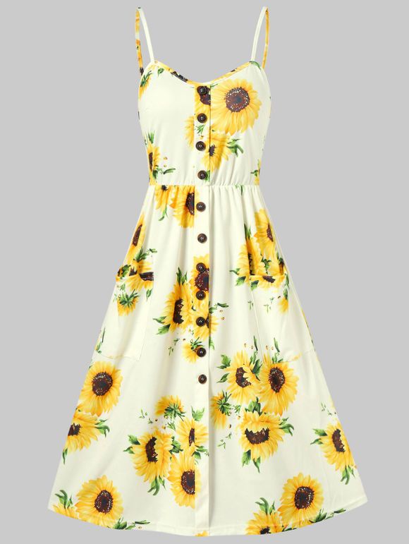Vacation Sundress Sunflower Print Button Up Summer A Line Cami Dress - YELLOW L