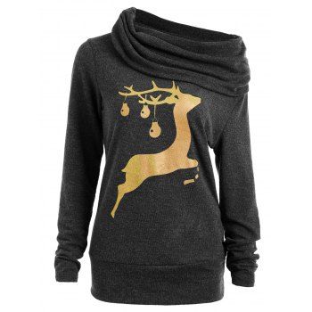 

Cowl Neck Elk Deer Print Sweatshirt, Deep gray