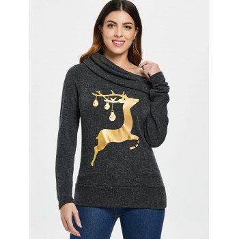 

Cowl Neck Elk Deer Print Sweatshirt, Deep gray