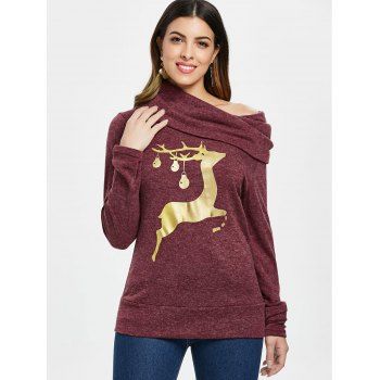 

Cowl Neck Elk Deer Print Sweatshirt, Wine red