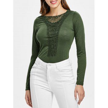 

Concise Scoop Neck Hollow Out Crochet Spliced Solid Color T-Shirt For Women, Army green