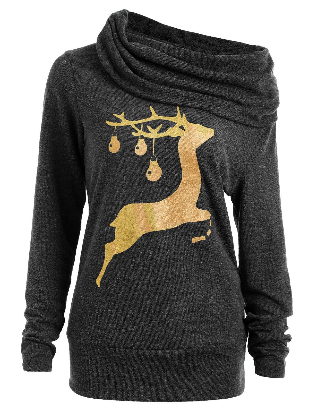 Cowl Neck Elk Deer Print Sweatshirt - DEEP GRAY S