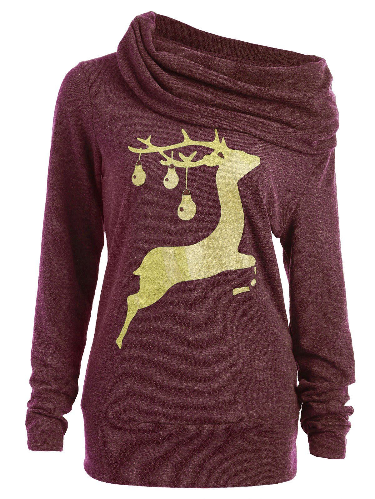 Cowl Neck Elk Deer Print Sweatshirt - WINE RED L