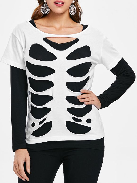 T-shirt Squelette Déchiré à Manches Longues - Blanc 2XL