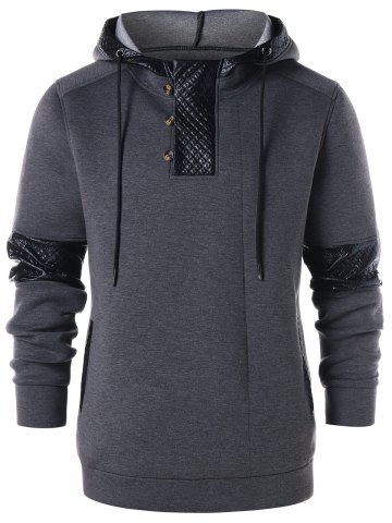 Sweat-Shirt à Capuche avec Empiècements en Cuir PU Orné de Boutons 