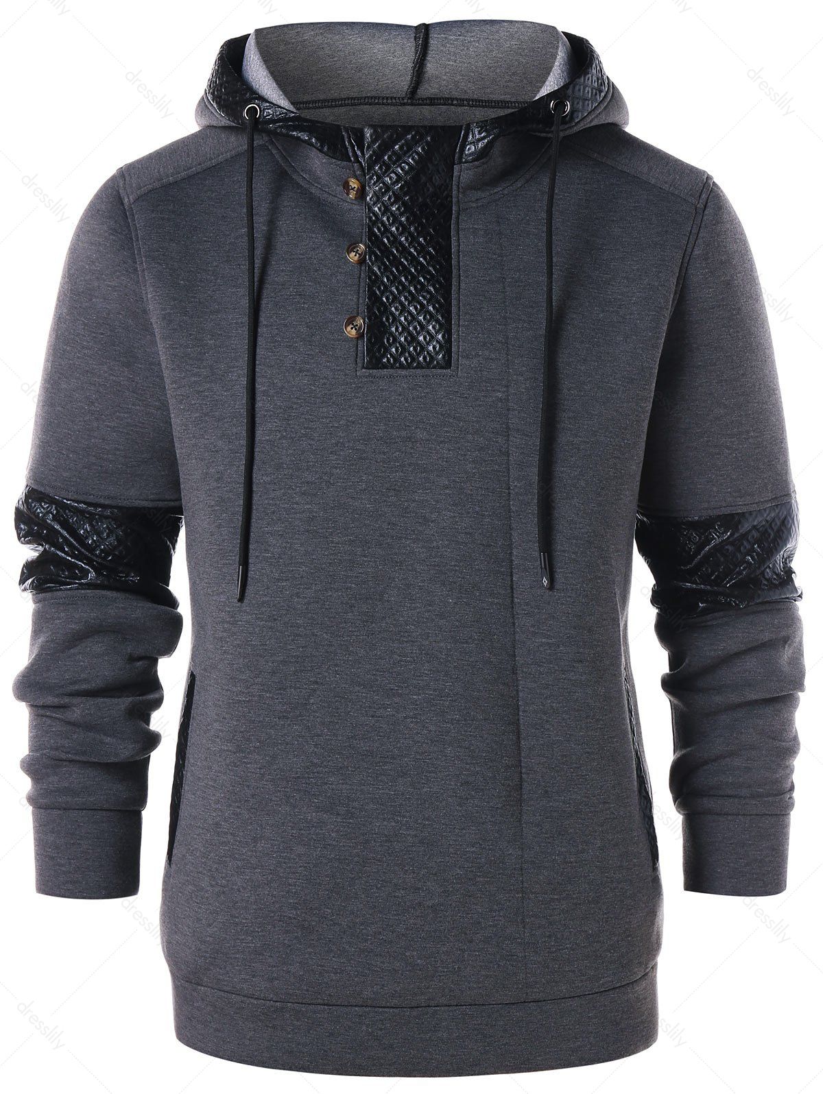 PU Leather Panel Button Embellished  Hoodie - GRAY 2XL