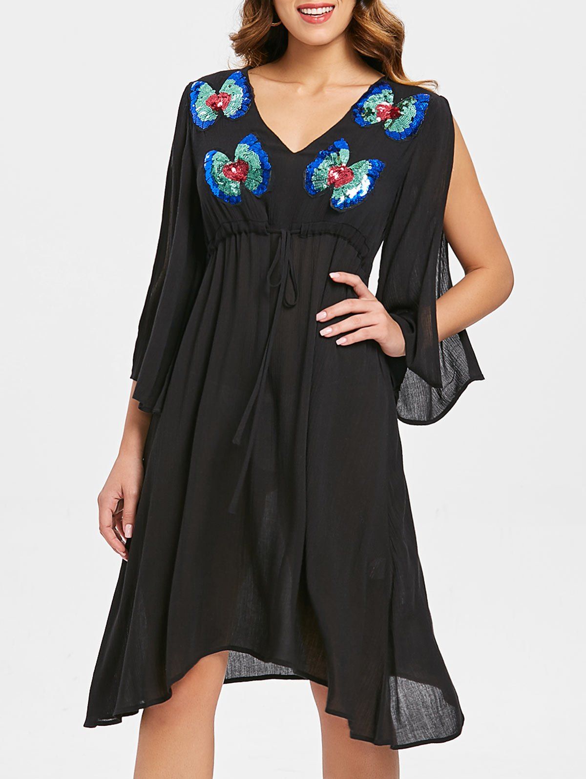 Butterfly Pattern Sequins Split Sleeve Dress - BLACK XL