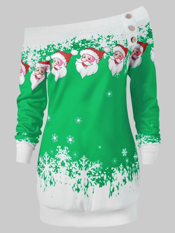 Sweat-shirt à Épaules Dénudées à Imprimé Père Noël et Flocon de Neige - Vert XL