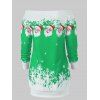 Sweat-shirt à Épaules Dénudées à Imprimé Père Noël et Flocon de Neige - Vert M