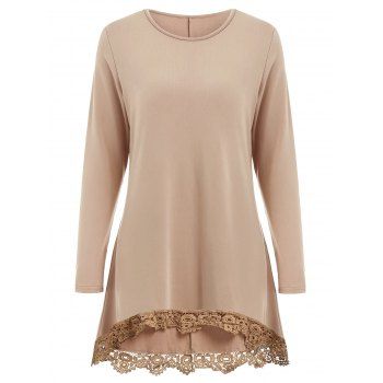 

Long Sleeve Lace Panel High Low T-shirt, Khaki