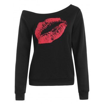 

Flocking Skew Collar Lip Print Sweatshirt, Red/black