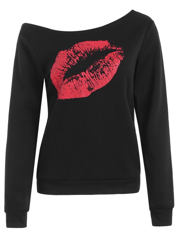 Sweat-shirt Imprimé Lèvre à Épaule Nue - Rouge et Noir XL