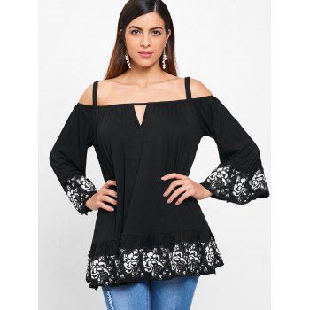 

Cocheted Floral Ruffles Brim Shoulder Baring Blouse, Black