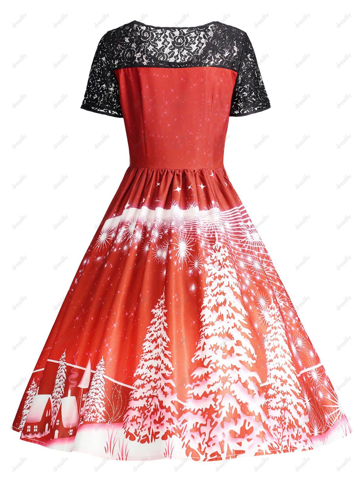 [71% OFF] 2021 Print Lace Panel Vintage Party Dress In RED | DressLily