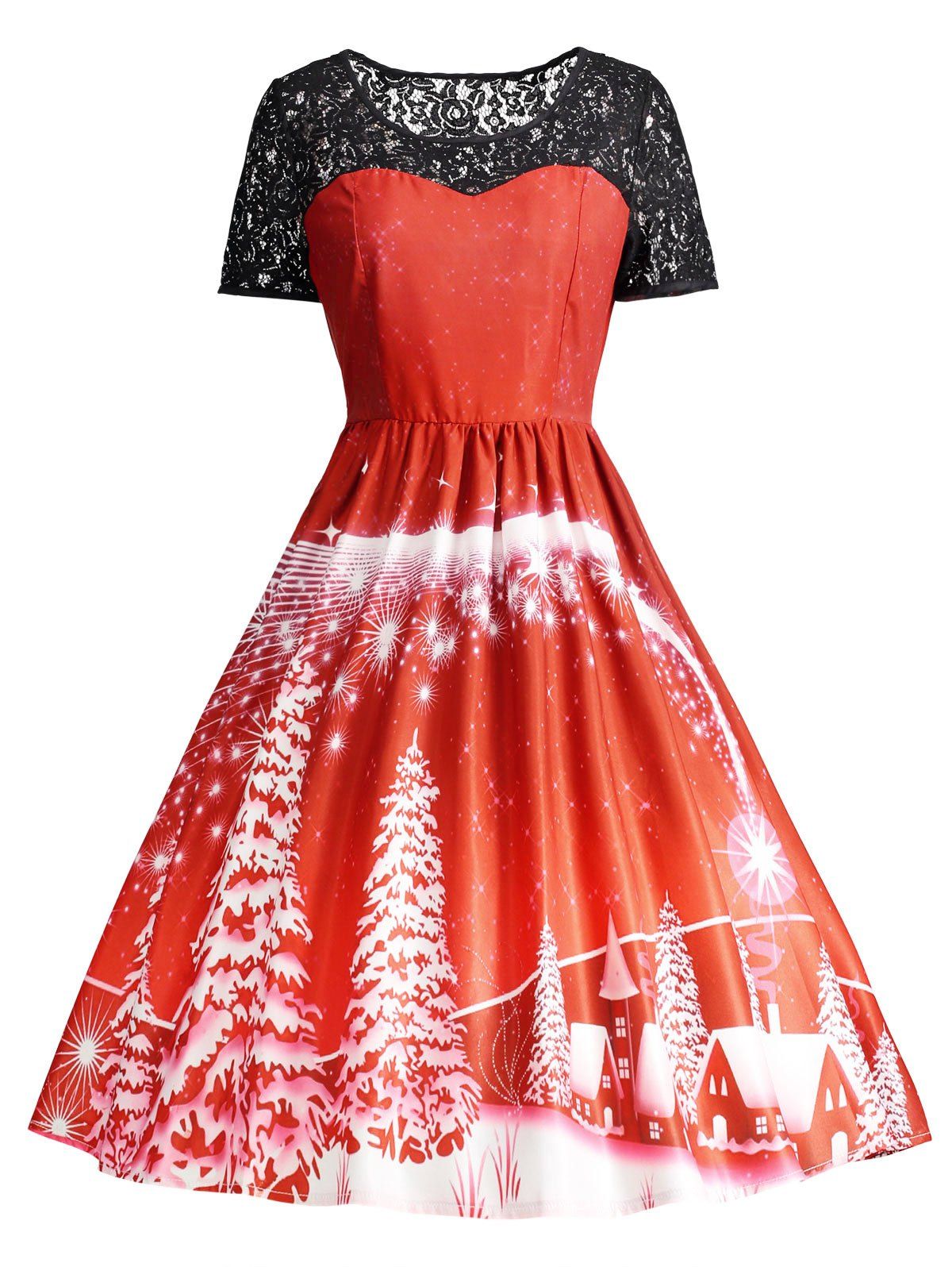 Print Lace Panel Vintage Party Dress - RED XL
