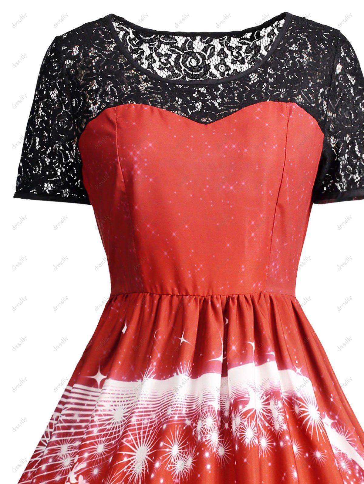 [71% OFF] 2021 Print Lace Panel Vintage Party Dress In RED | DressLily