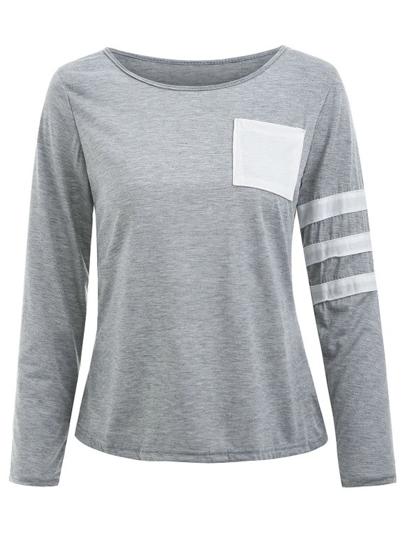 Pocketed Color Block Striped Sleeve T-shirt - GRAY M