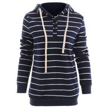 

Stylish Hooded Long Sleeve Striped Drawstring Women' Hoodie, Cadetblue