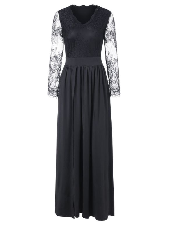 Flower Lace Panel Long Sleeve Maxi Formal Dress - BLACK L