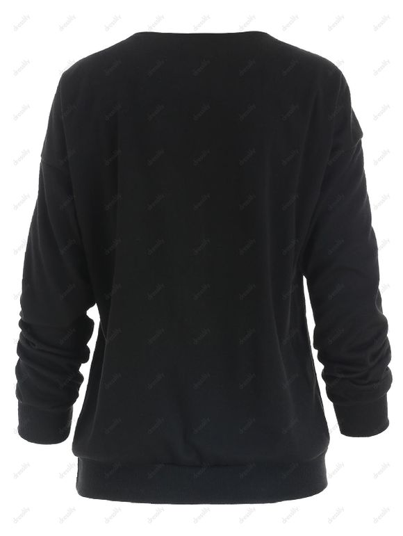 Sweat-shirt Élégant Ample Zippé à Col en V à Manches Longues Pour Femme - Noir XL