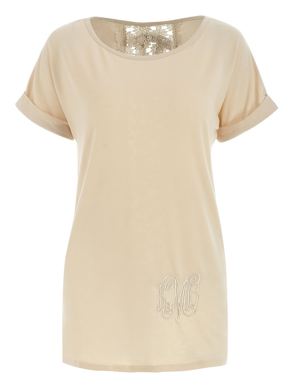 Stylish Lace Embellished Short Sleeve Scoop Neck Women's T-Shirt - KHAKI M
