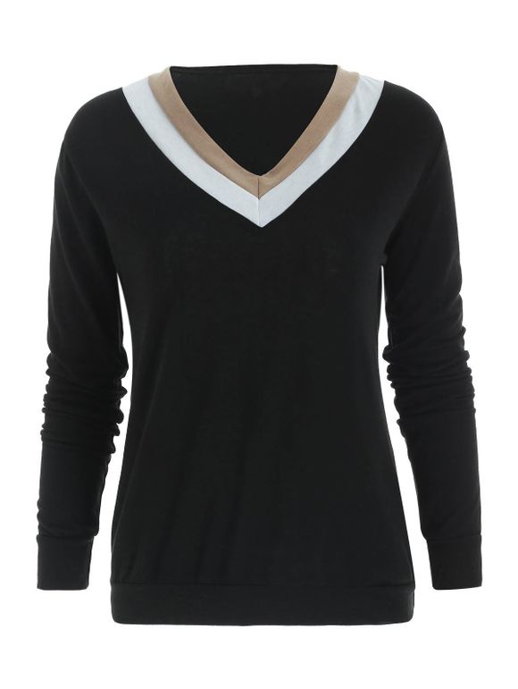 Casual Long Sleeve V-Neck Color Block Women's T-Shirt - BLACK L