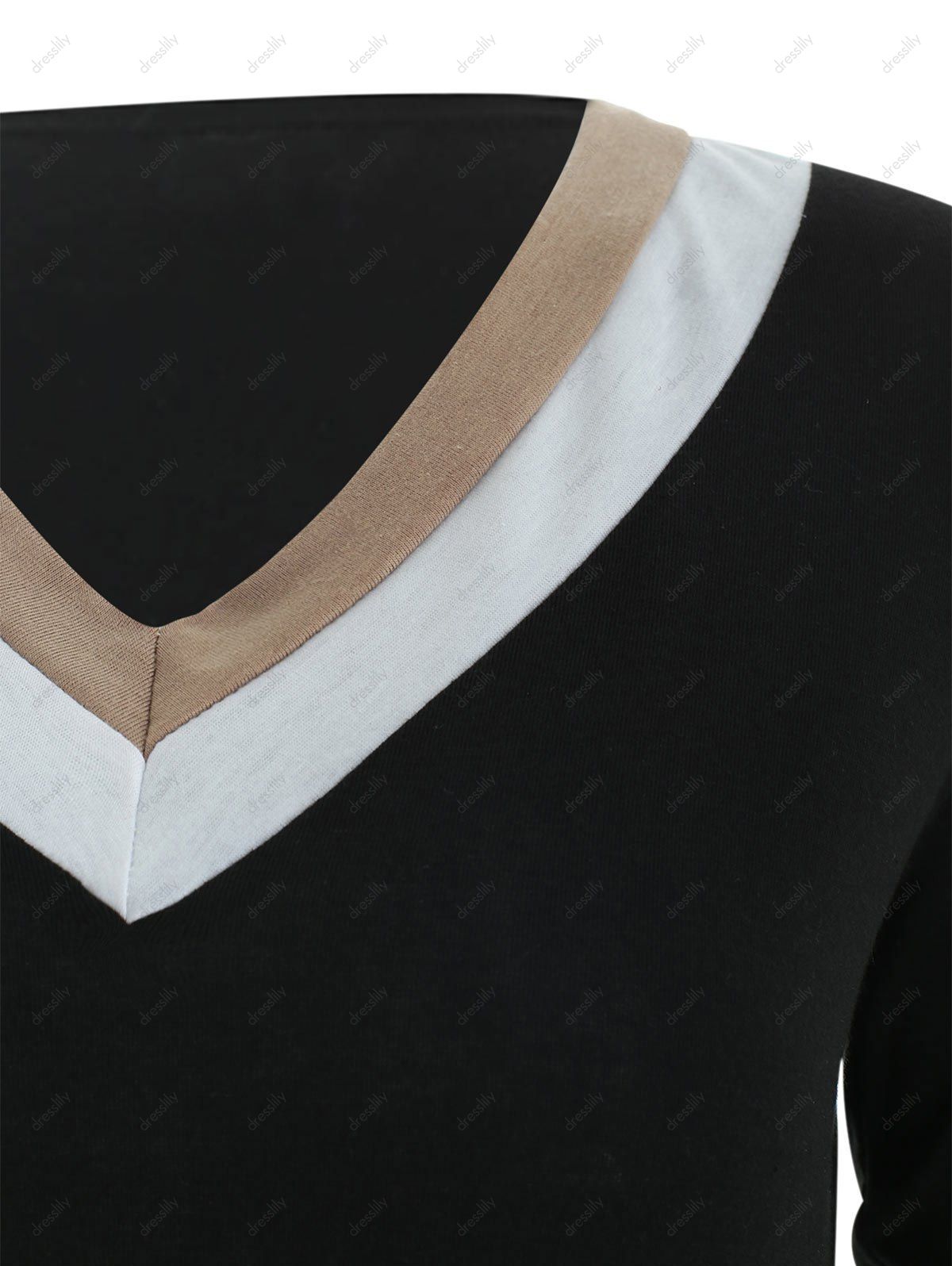 Casual Long Sleeve V-Neck Color Block Women's T-Shirt - BLACK XL