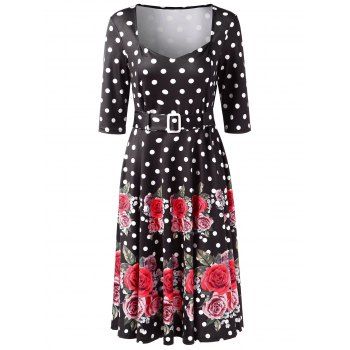 

Polka Dot Floral Print Sweetheart Neck Dress, Black