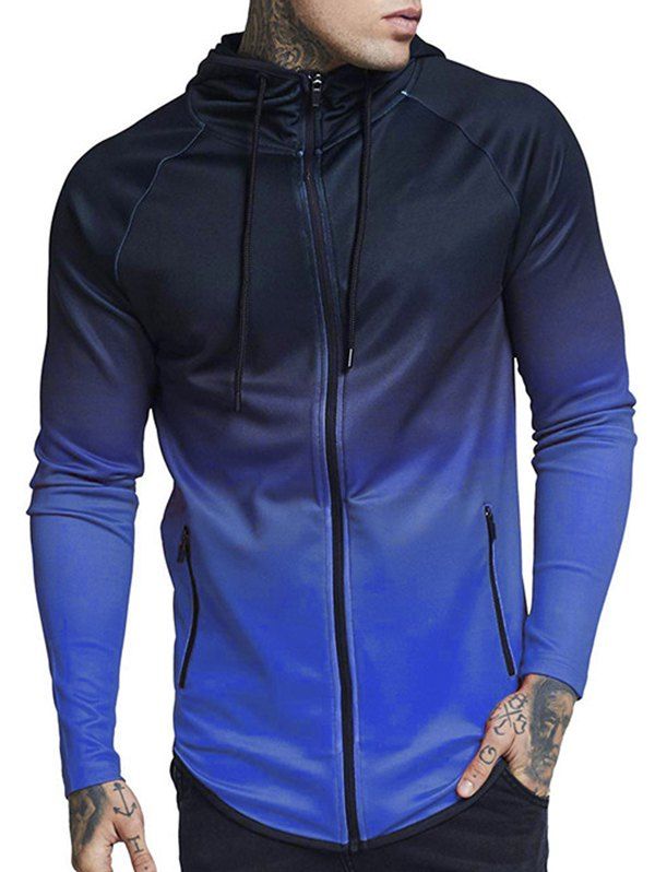 Drawstring Raglan Sleeve Zip Pockets Hoodie - BLUE L